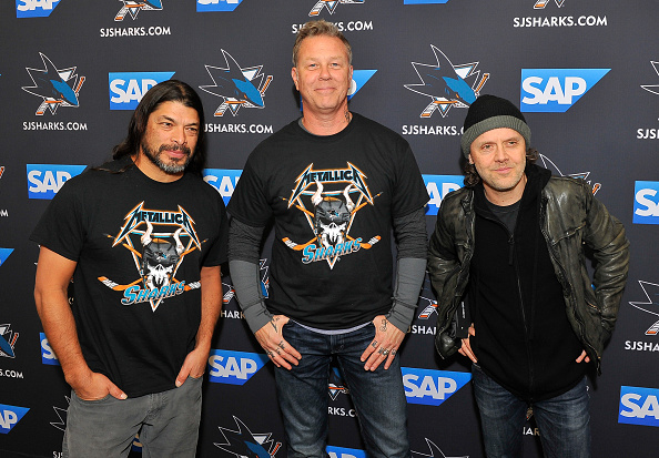 James Hetfield of Metallica receives a San Jose Sharks jersey at